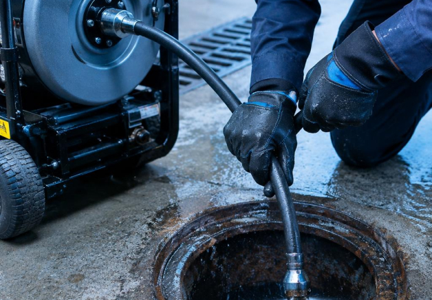 Jetting hose cleaning a drain line