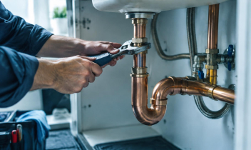 Plumber tightening a drain fitting